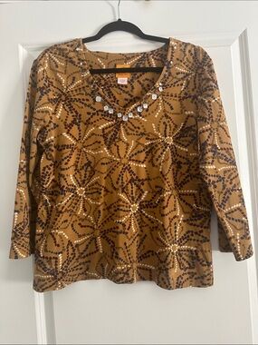 Ruby Rd. Brown Embellished V-Neck 3/4 Sleeve Tee